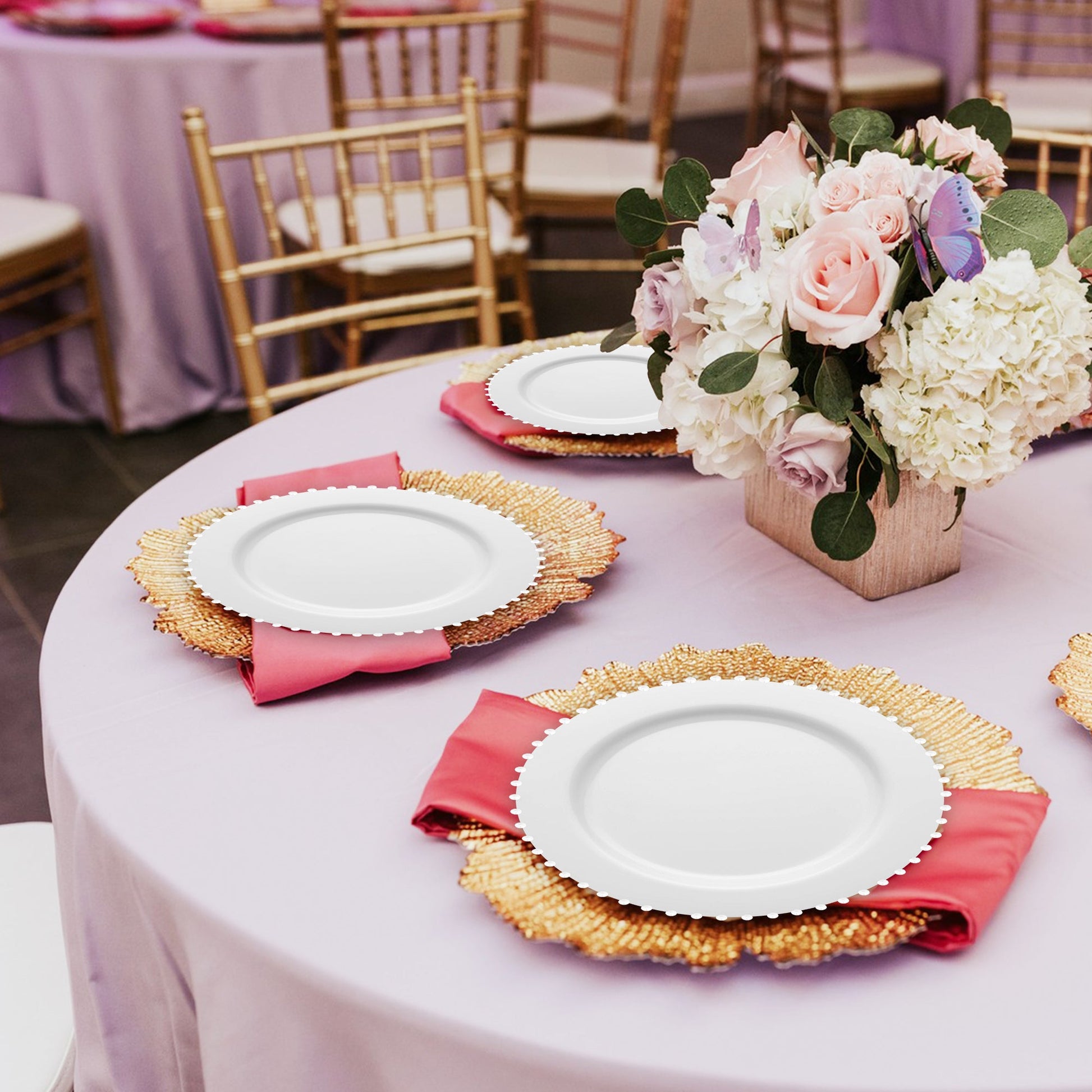 White Pearl String Salad Plates carried fruit and greens at a garden wedding with classic decor.