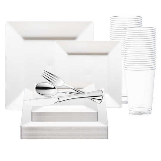White Square Plastic Wedding Value Set with silver cutlery adds modern, sophisticated style to weddings and celebrations