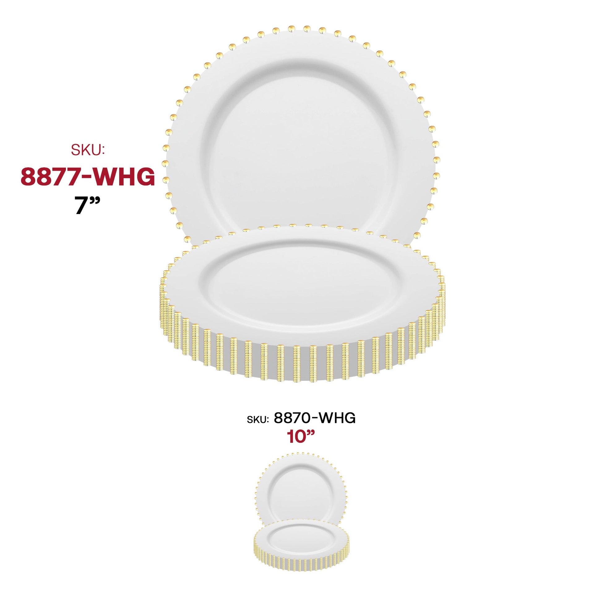 White and gold salad plates with a pearl string accent, round disposable plastic design, 7-inch diameter