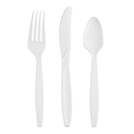 White disposable plastic cutlery set, including forks, knives, and spoons, sturdy and ideal for events, catering, or daily use