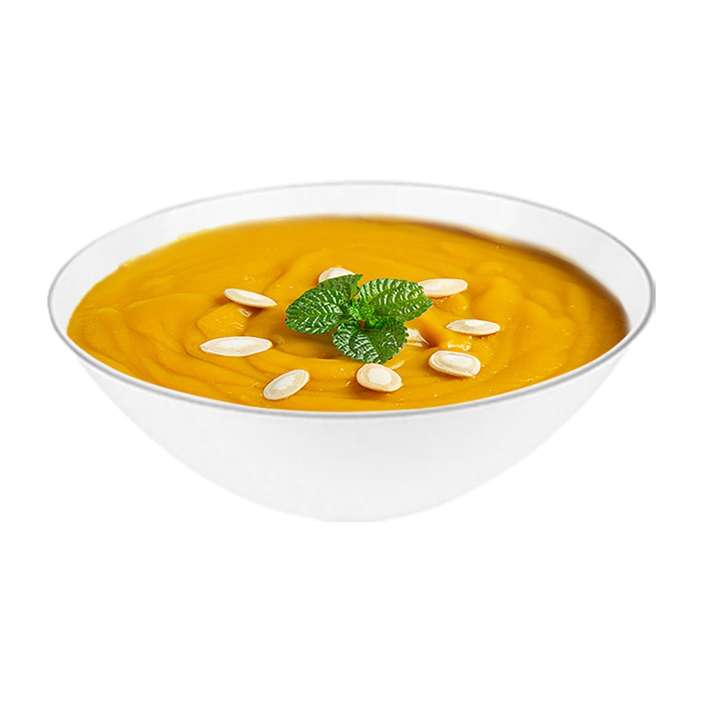 White disposable plastic soup bowls, 16 oz., with silver rim and rounded organic design