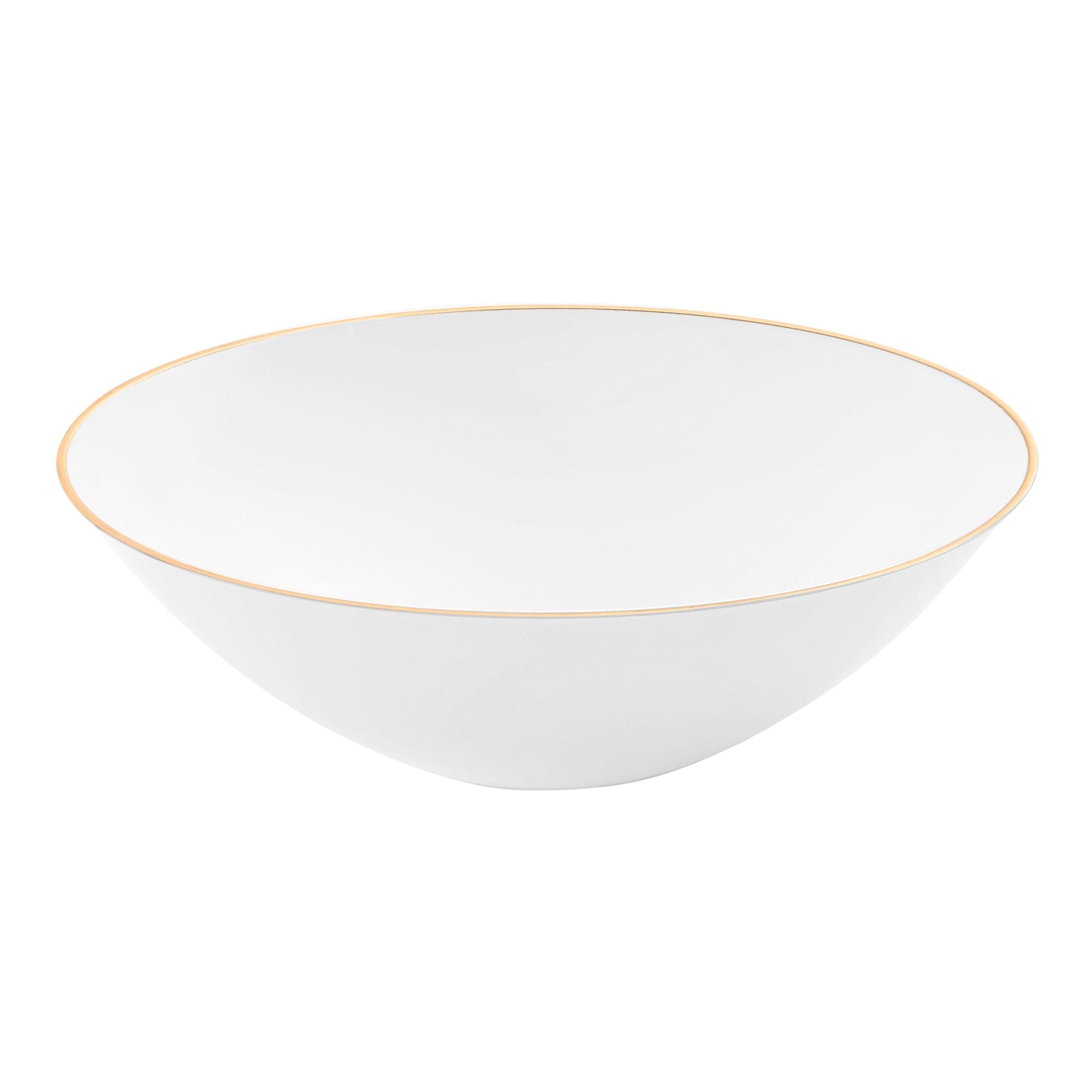 White disposable plastic soup bowls with gold rim, round design, 16 oz capacity