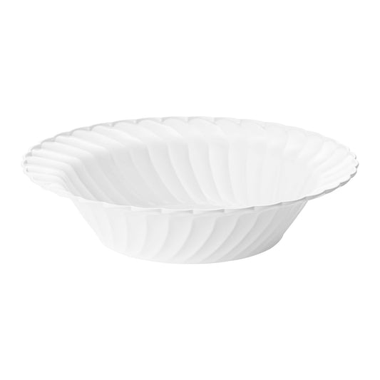White flair plastic soup bowls, 12 oz. size, 6.25 inches across, sold in a 180-pack, ideal for serving soups, salads, or desserts