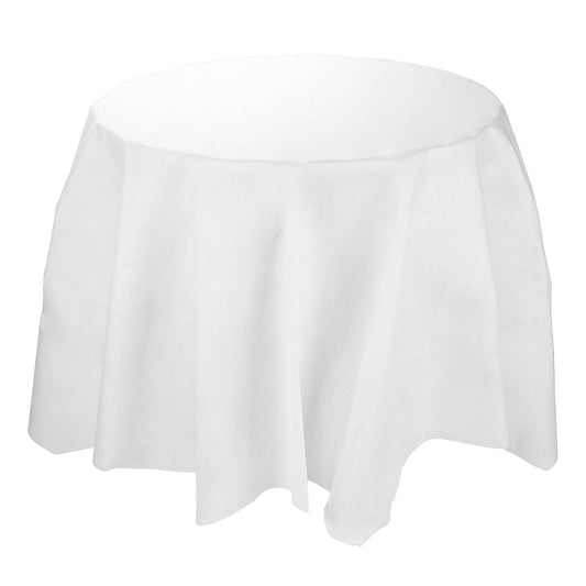 White octy round linen-like tablecloth measuring 82 inches, ideal for events and gatherings, sold in a 12-pack.