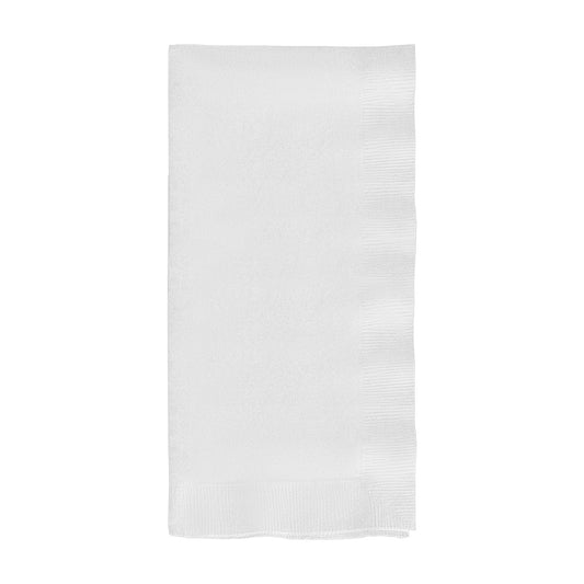 White paper dinner napkin measuring 16 x 16 inches, shown unfolded from a bulk case of 600 napkins.