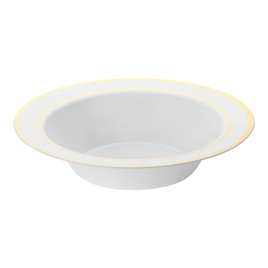 White plastic 12 oz. bowls with a gold edge rim, disposable and durable, in a pack of 120 for banquets and celebrations