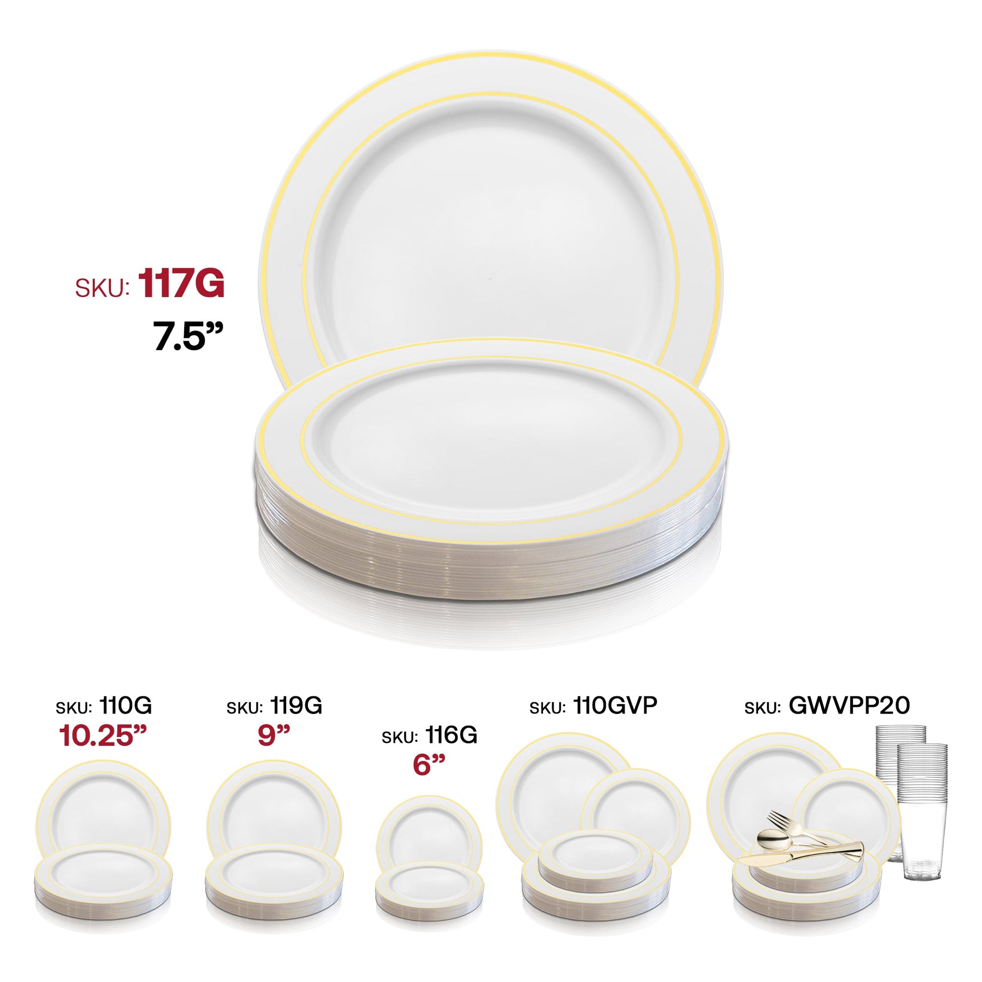 White plastic appetizer plates with a gold edge rim, 7.5-inch diameter