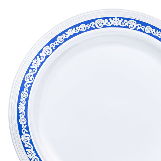 White plastic dinner plates with a blue and silver royal rim design