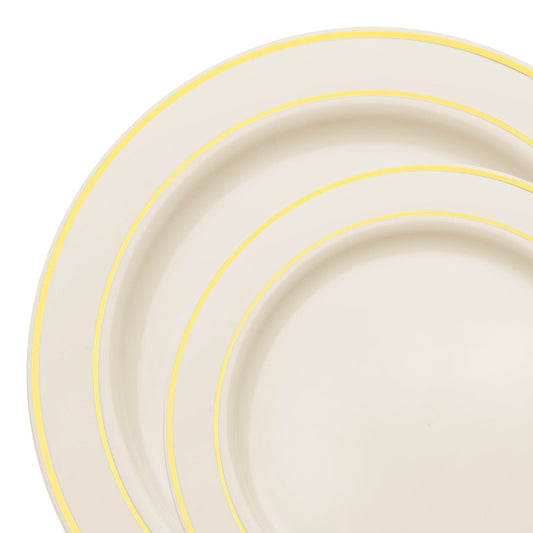 White plastic dinnerware set with a silver edge rim, including 120 dinner plates and 120 salad plates for elegant dining.