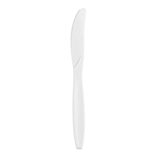 White plastic disposable knives, 7.5-inch length, durable and lightweight, case of 1,000 for events and catering