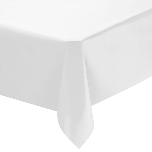 White rectangular linen-like tablecloth measuring 50 x 108 inches, perfect for events and gatherings, sold in a 12-pack.