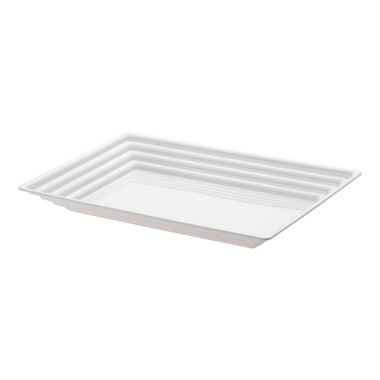 White rectangular plastic serving tray with groove rim, ideal for elegant food presentation at any event
