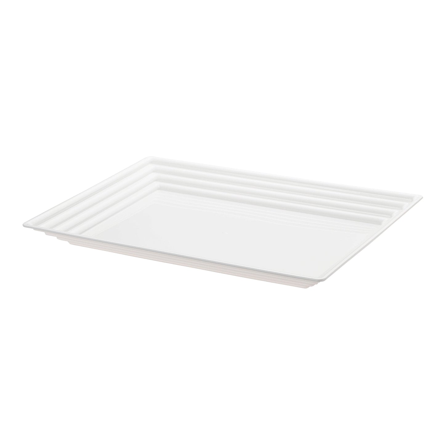 White rectangular plastic serving tray with groove rim, perfect for serving large portions of food at events