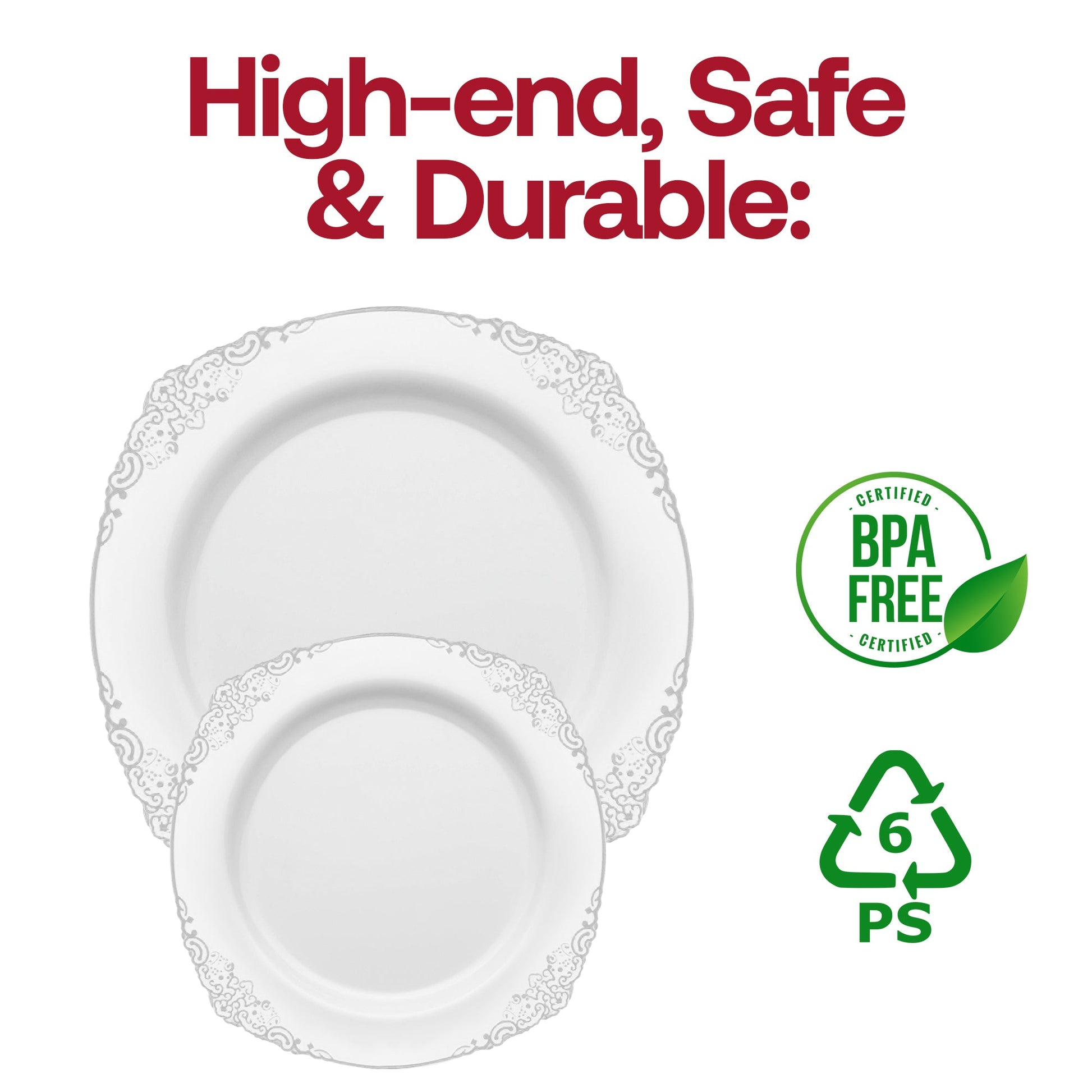 White round dinner plates with fancy silver detailing, made from durable plastic, BPA-free and disposable