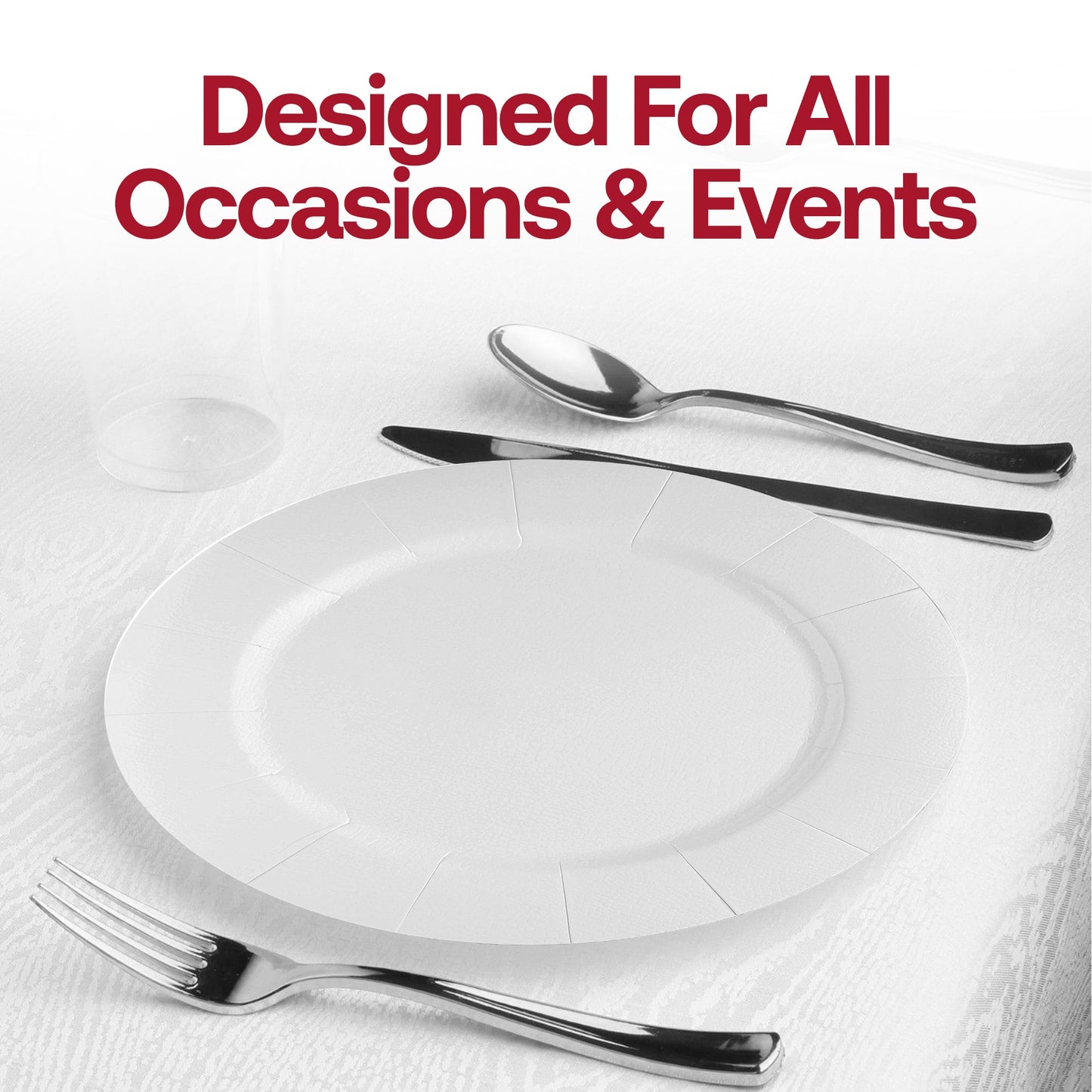White round disposable paper charger plates, 13-inch diameter, ideal for weddings and parties