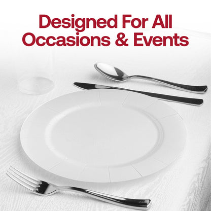 White round disposable paper charger plates, 13-inch diameter, ideal for weddings and parties