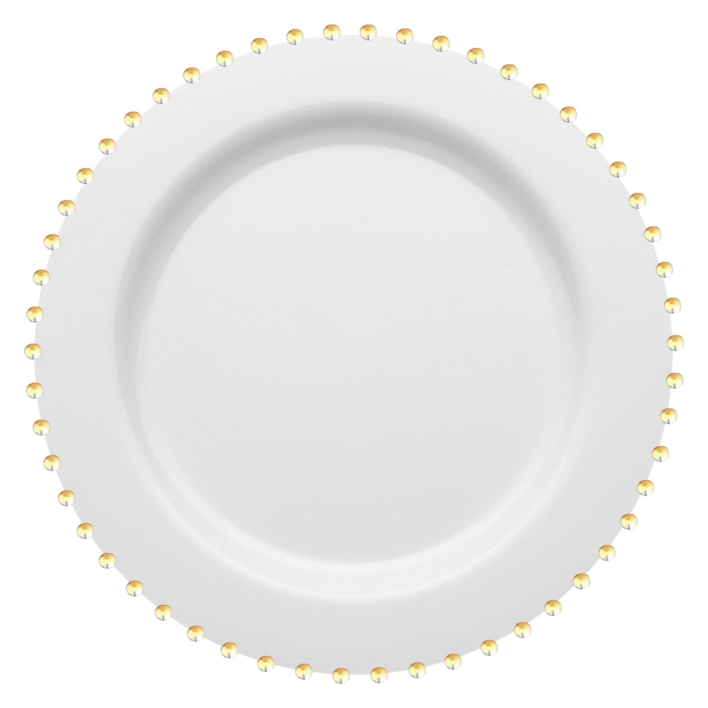 White round disposable plastic dinner plates with a gold pearl string rim