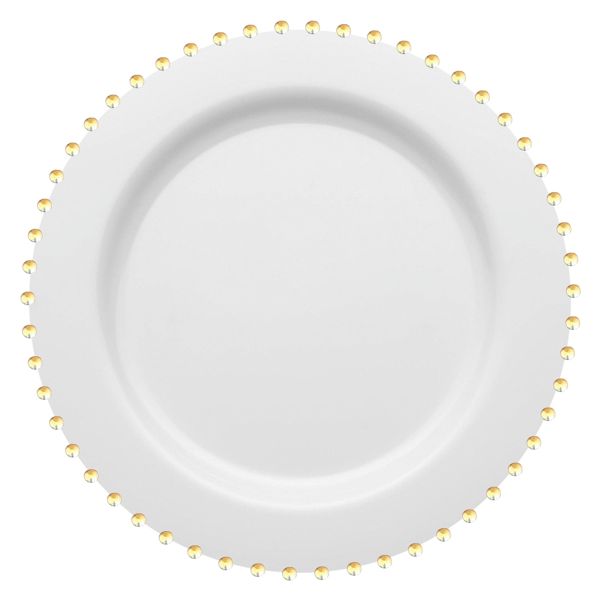 White round disposable plastic dinner plates with a gold pearl string rim