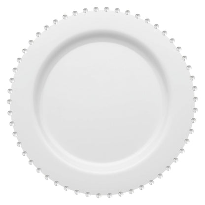 White round disposable plastic dinner plates with a silver pearl string rim