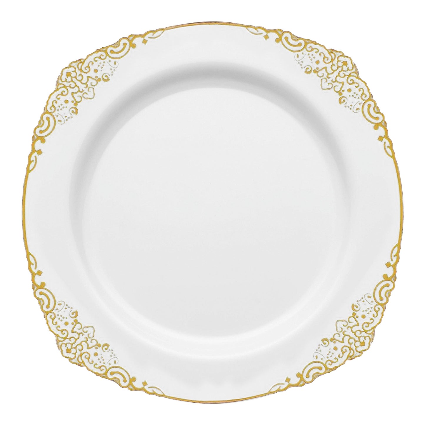 White round disposable plastic dinner plates with elegant gold detailing