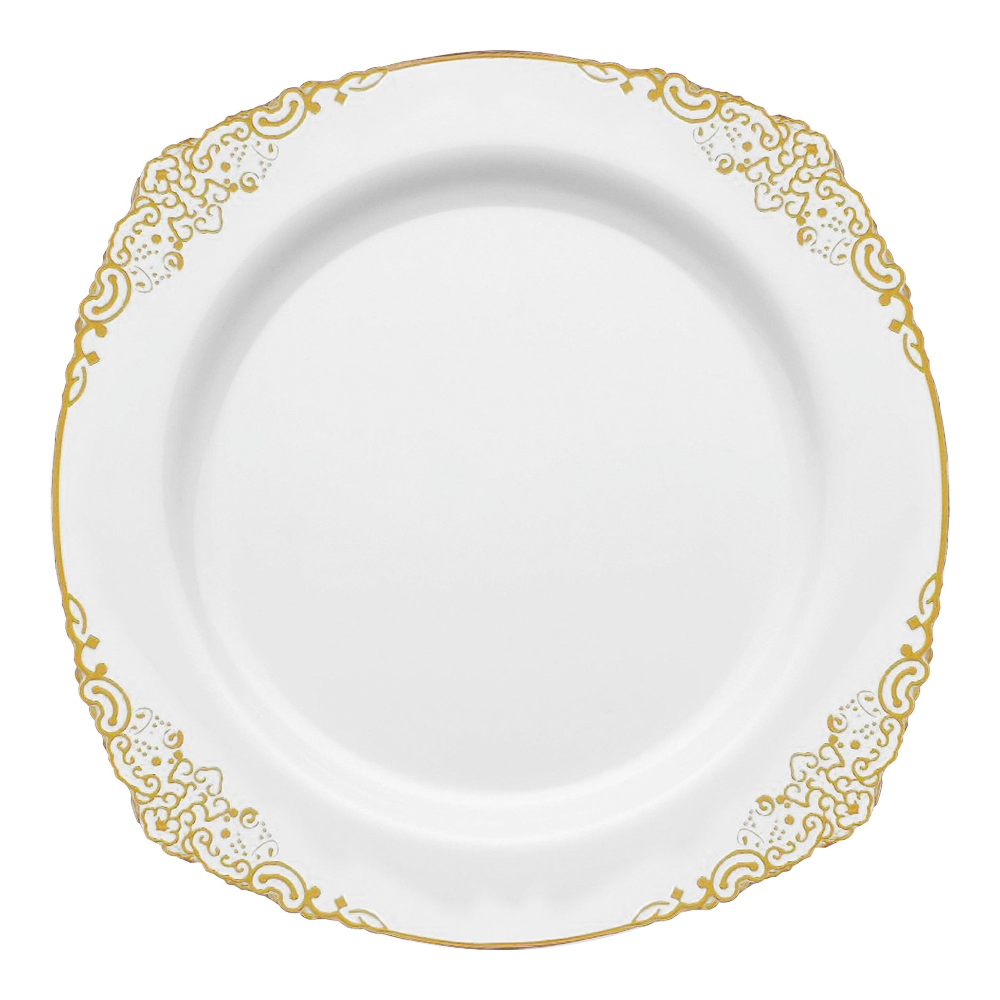 White round disposable plastic dinner plates with elegant gold detailing