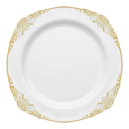 White round disposable plastic dinner plates with elegant gold detailing