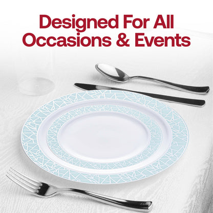 White round disposable plastic salad plates adorned with a turquoise blue and silver mosaic rim, 7.5-inch size, pack of 120