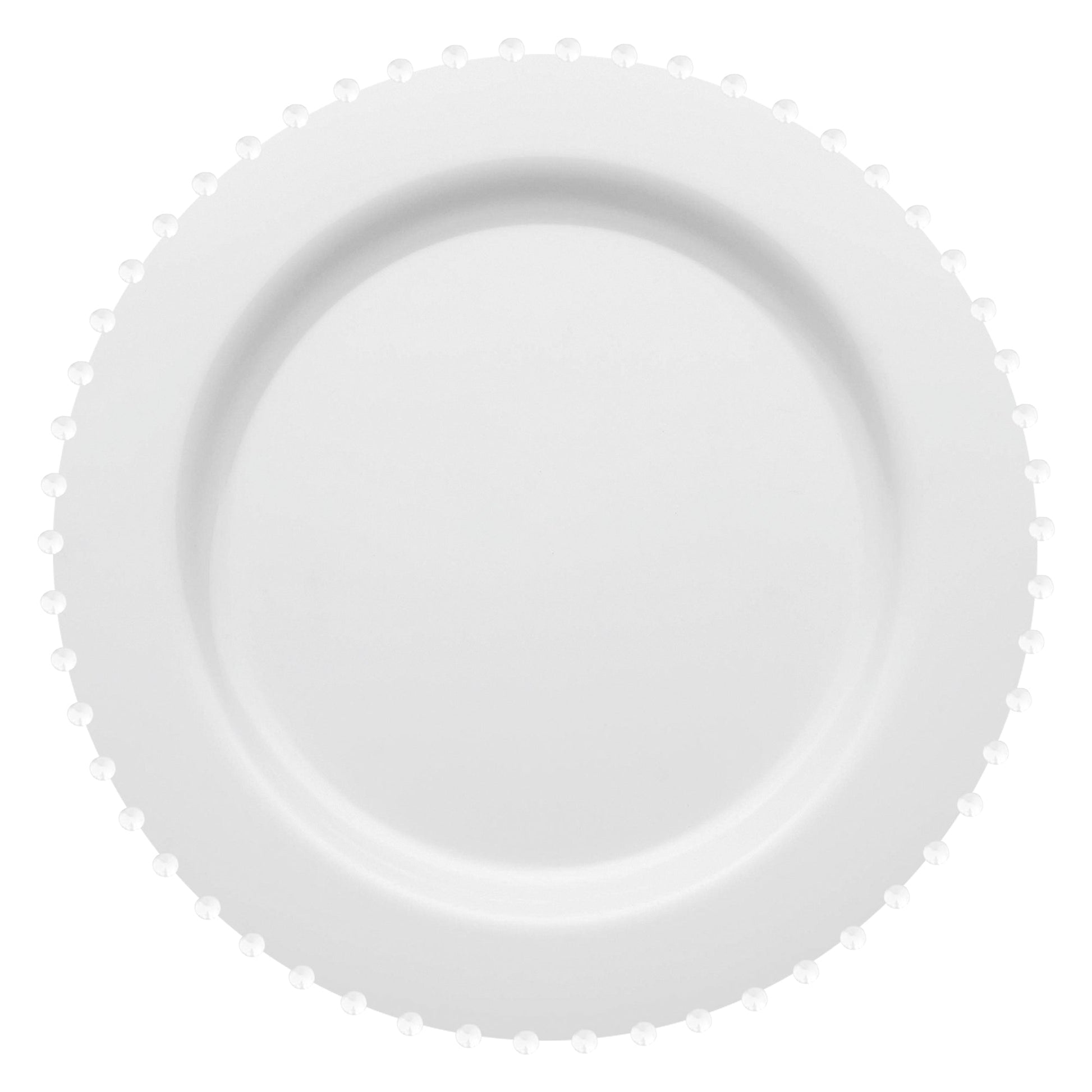 White round disposable plastic salad plates with a pearl string design