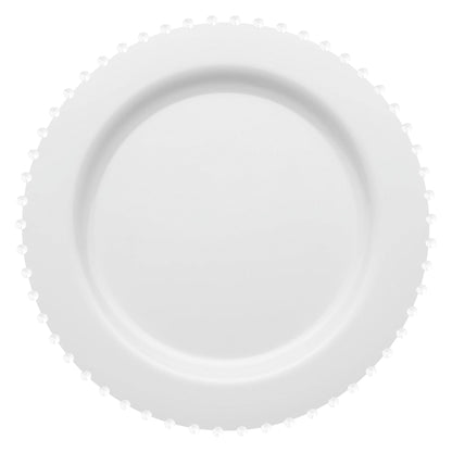 White round disposable plastic salad plates with a pearl string design