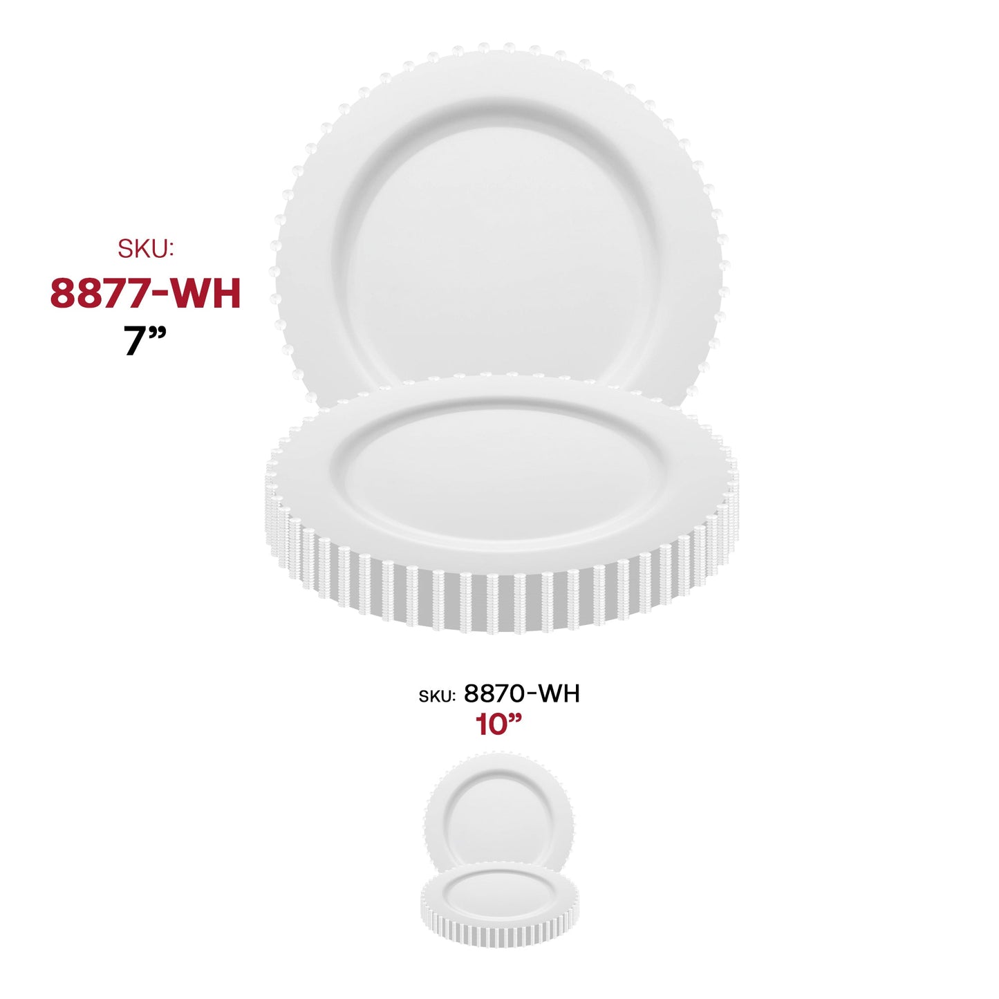 White salad plates with a pearl string accent, round disposable plastic design, 7-inch diameter