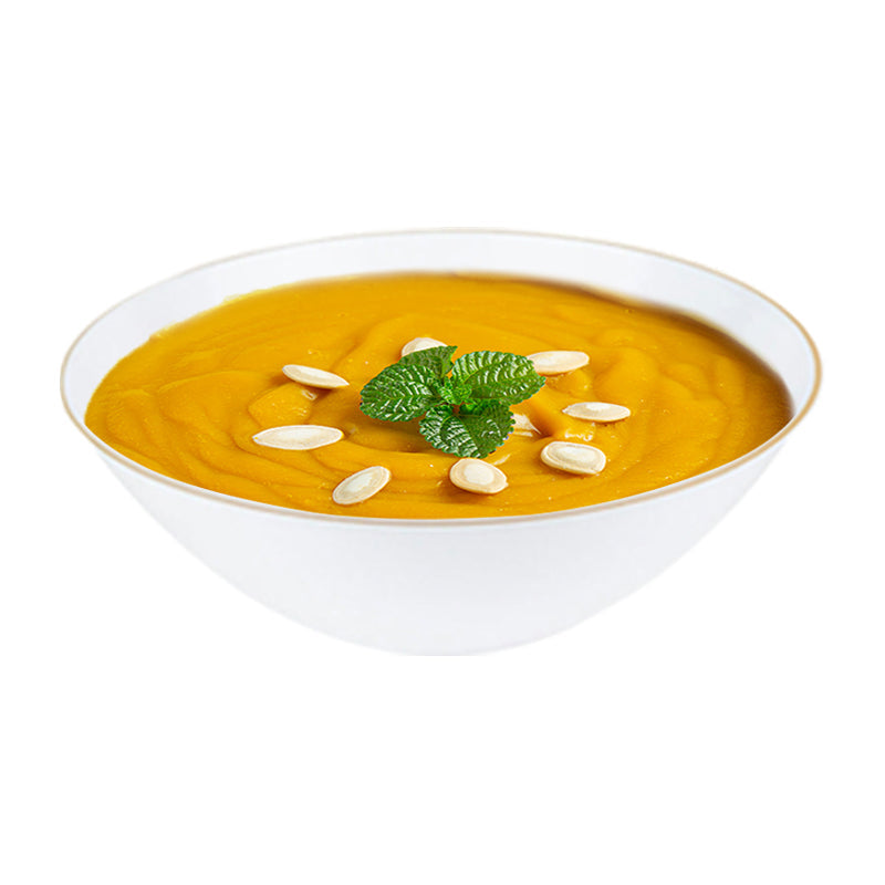 White soup bowls with gold rim, 16 oz capacity, disposable plastic
