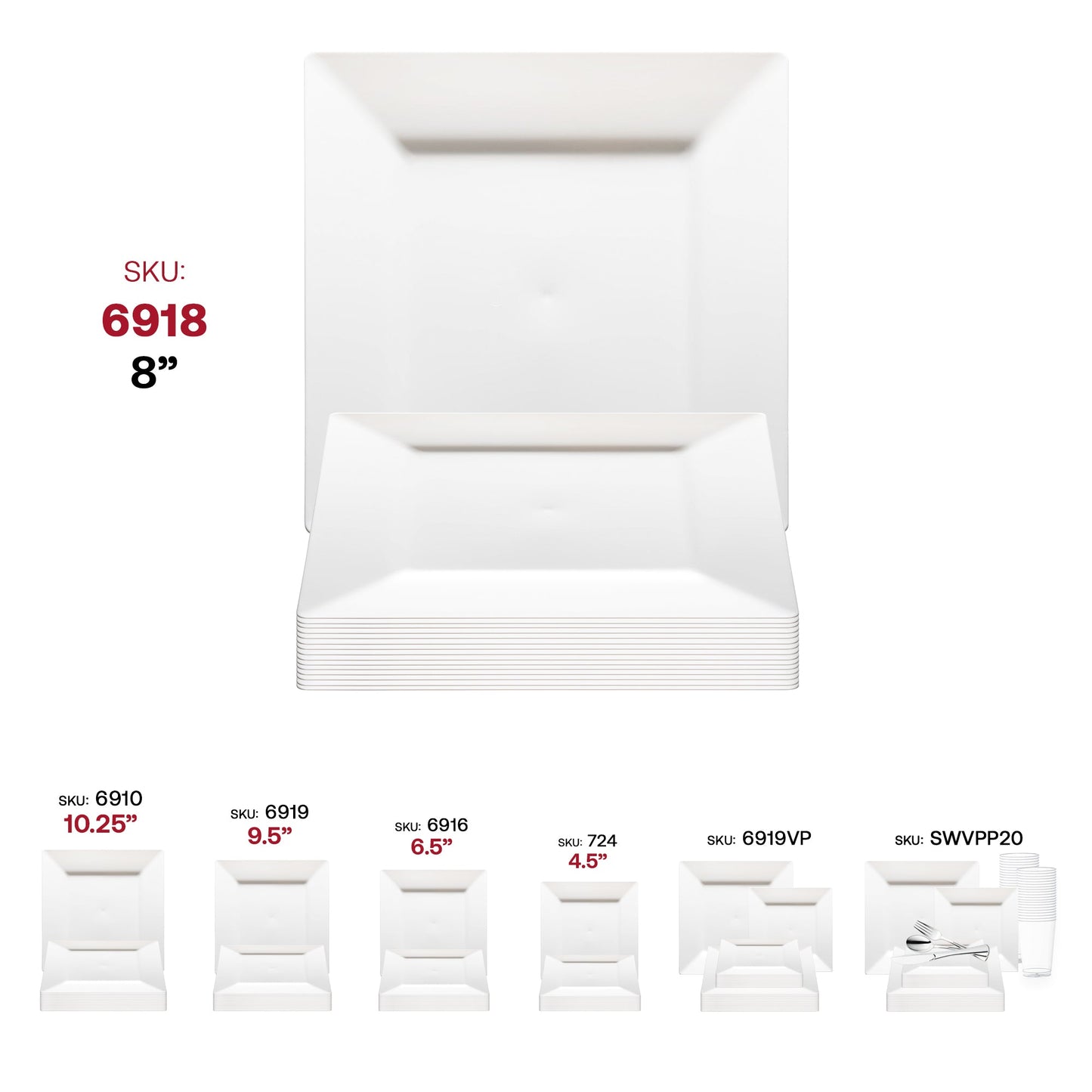 White square plastic appetizer and salad plates placed on a table setting, ideal for stylish and convenient dining