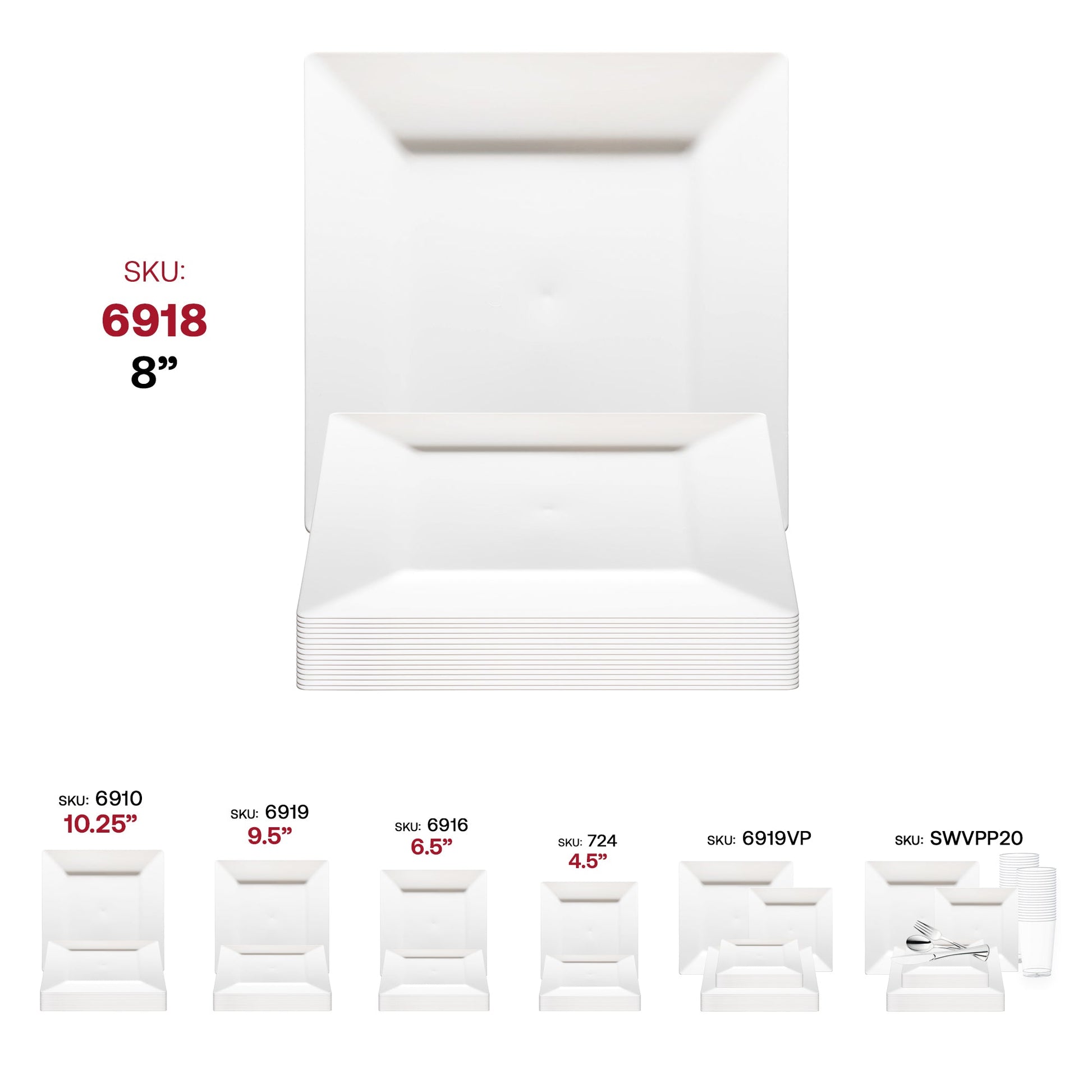 White square plastic appetizer and salad plates placed on a table setting, ideal for stylish and convenient dining