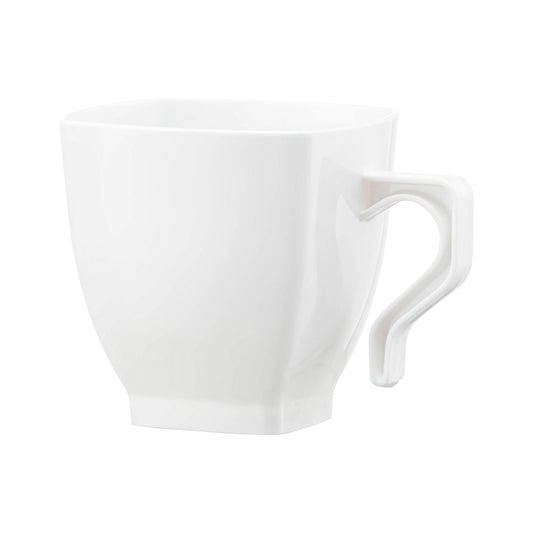 White square plastic coffee mugs, 8 oz. capacity, case of 192, durable and stylish, perfect for serving hot beverages at events