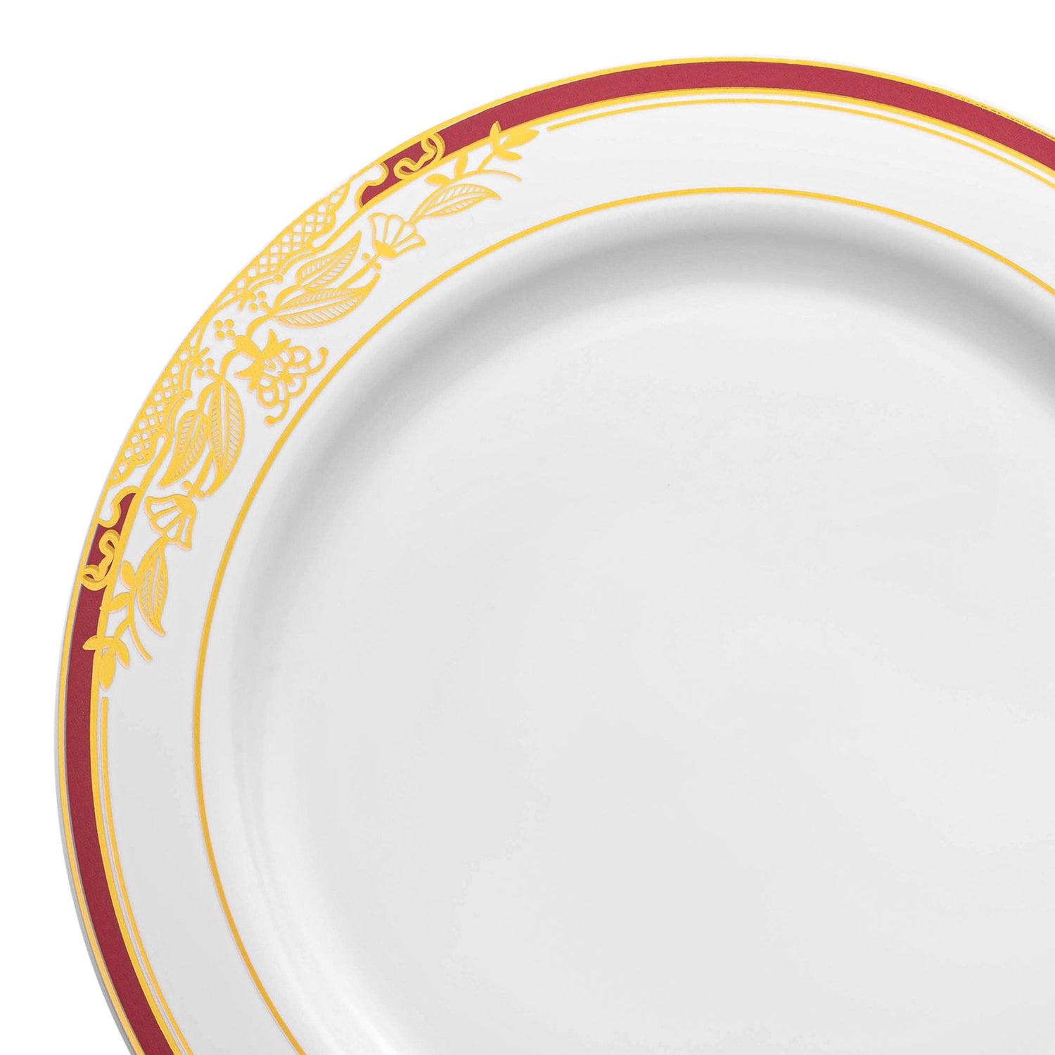 White with Burgundy and Gold Harmony Rim Plastic Dinner Plates