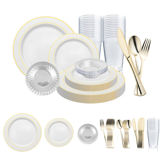 White with Gold Edge Rim Plastic Wedding Value Set with gold cutlery, combining a classic white design with a luxurious gold-edged rim for an elegant and stylish table setting