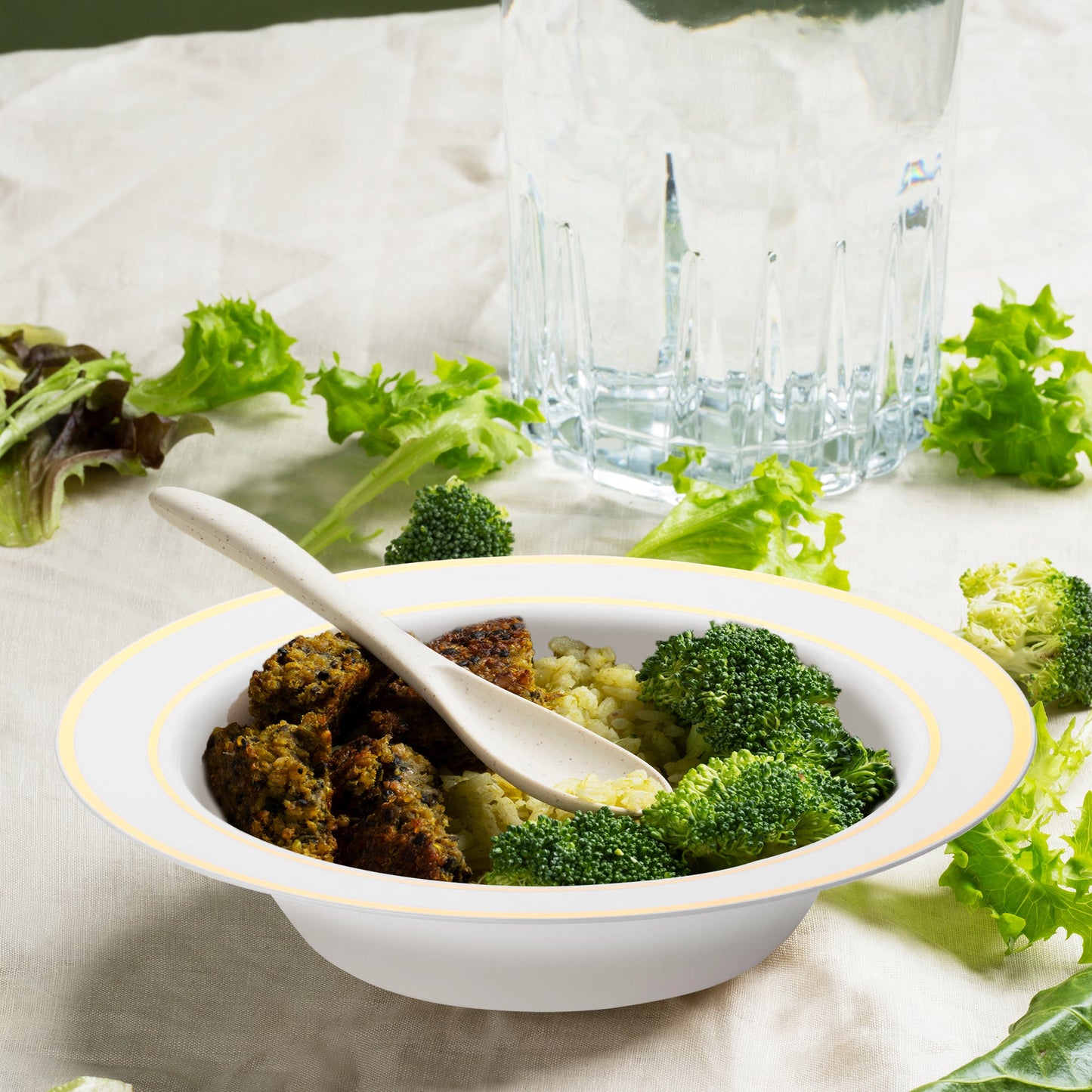 White with Gold Edge Rim Round Disposable Plastic Dessert Bowl elegantly served with broccoli, rice, and grilled meat