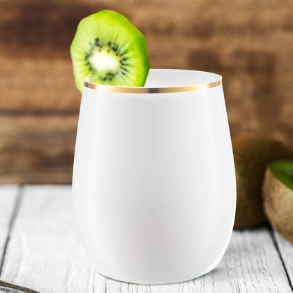 White with Gold Elegant Stemless Plastic Wine Glass garnished with a kiwi slice, highlighting its upscale look