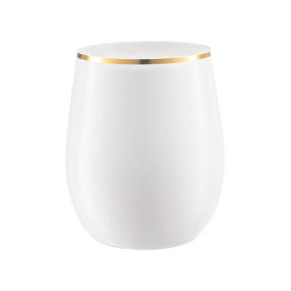 White with Gold Elegant Stemless Plastic Wine Glasses - 12 oz