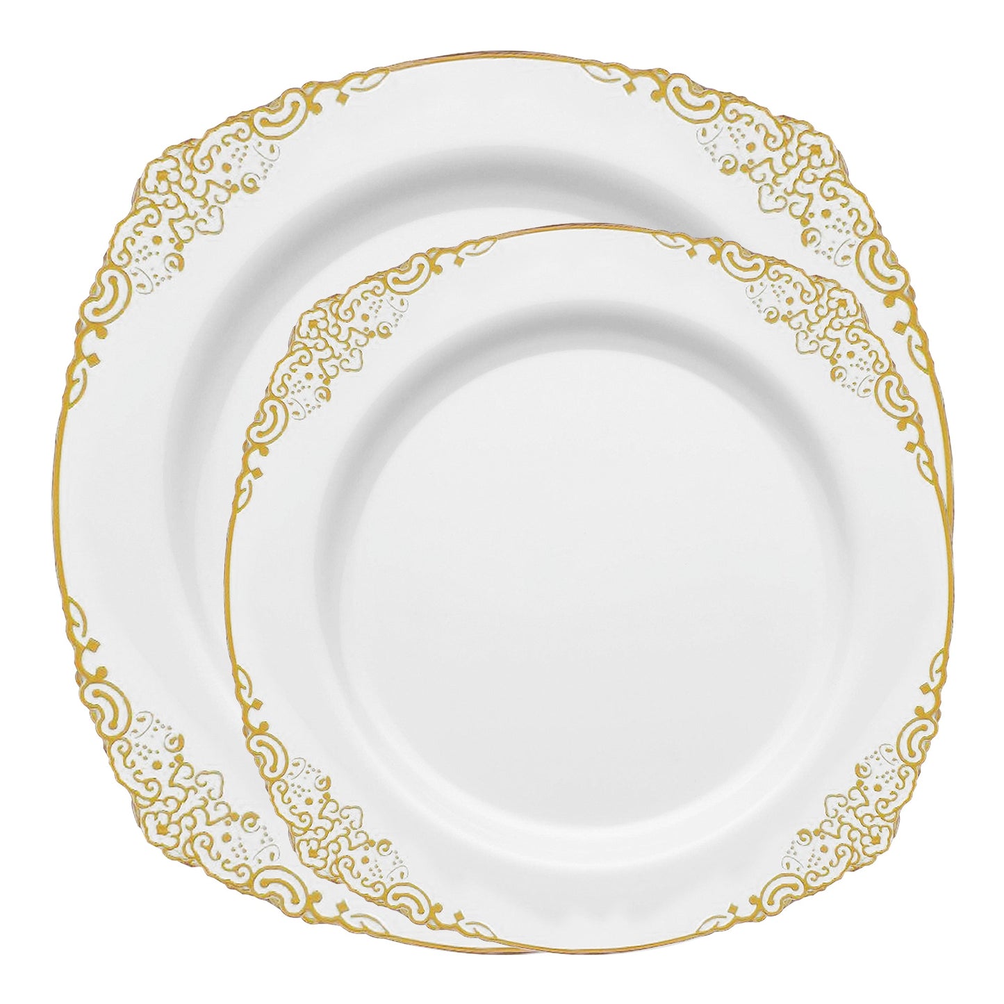 White with Gold Fancy Round Dinnerware Set delivers luxury and ease to upscale gatherings and catered events