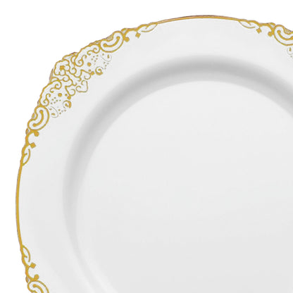White with Gold Fancy Round Disposable Plastic Dinner Plates