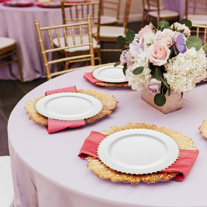 White with Gold Pearl String Plates served appetizers at a formal gathering with golden centerpieces.