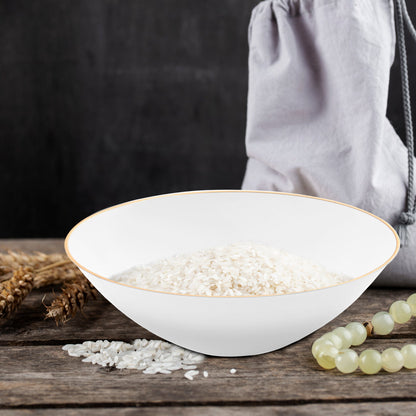 White with Gold Rim Organic Round Disposable Plastic Dessert Bowl containing a serving of fluffy white rice