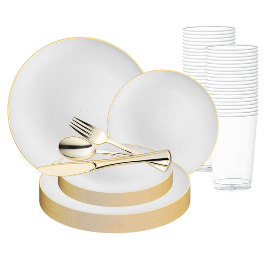 White with Gold Rim Organic Round Disposable Plastic Wedding Value Set with gold cutlery, featuring a refined white design accented with a lavish gold rim, making it the ideal choice for a sophisticated wedding affair