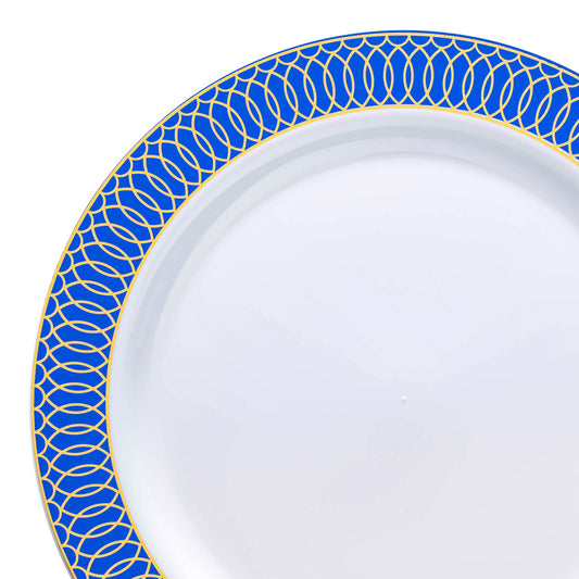White with Gold Spiral on Blue Rim Plastic Dinner Plates