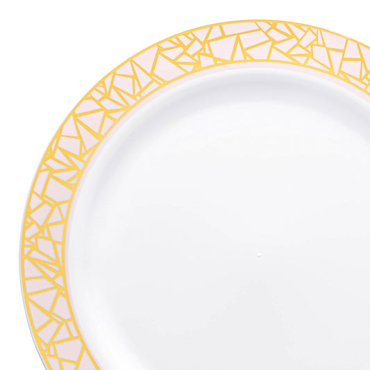 White with Pink and Gold Mosaic Rim Round Plastic Dinner Plates