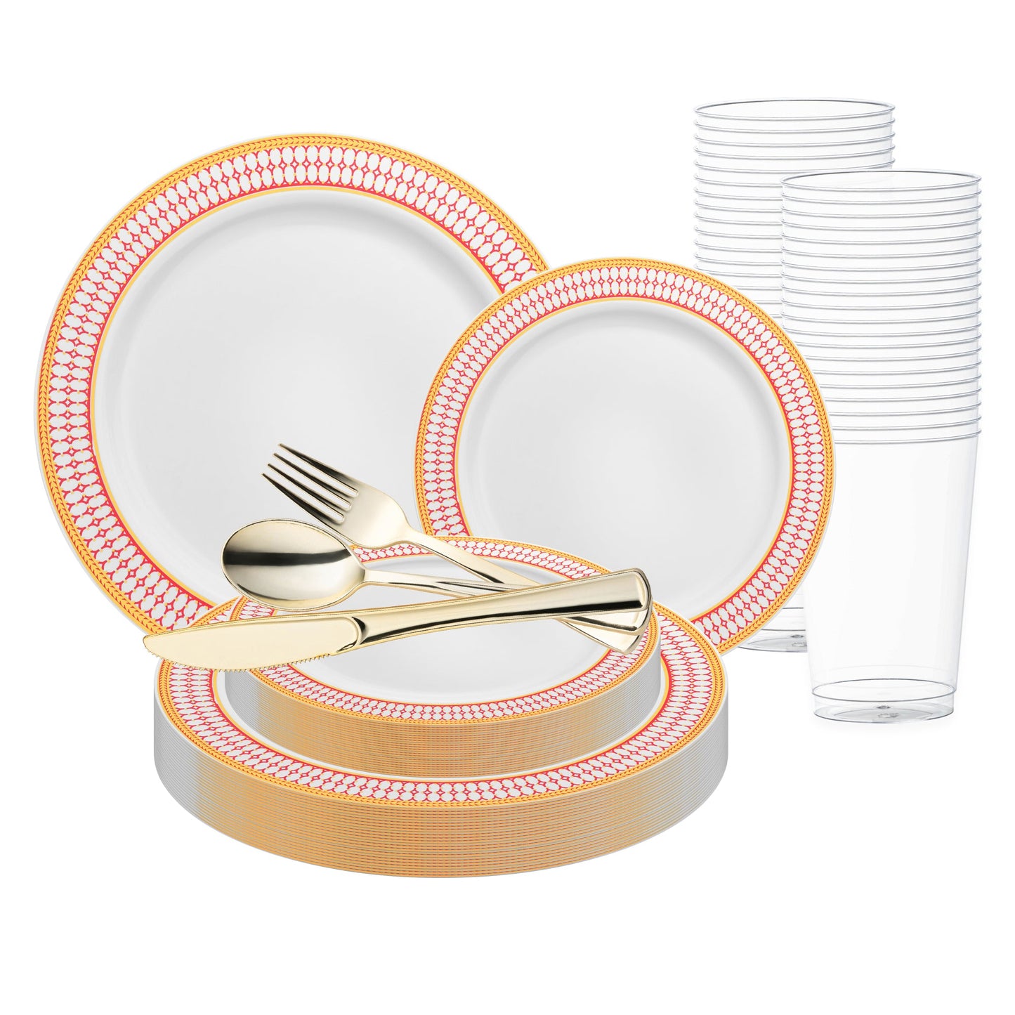 White with Red and Gold Chord Rim Plastic Wedding Value Set featuring elegant dinnerware and cutlery, ideal for weddings and upscale events