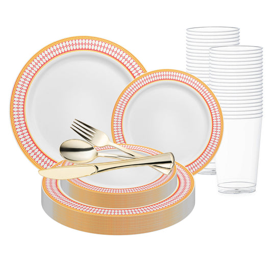 White with Red and Gold Chord Rim Plastic Wedding Value Set featuring elegant dinnerware and cutlery, ideal for weddings and upscale events