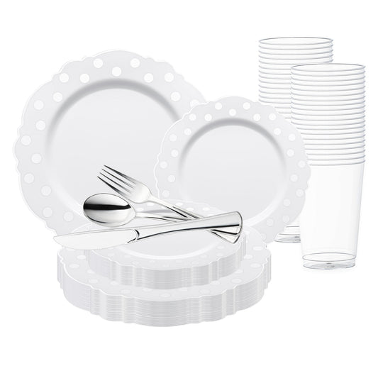 White with Silver Dots Round Blossom Disposable Plastic Wedding Value Set, featuring a refined floral design adorned with delicate silver dots, perfect for infusing your wedding or special event with timeless elegance