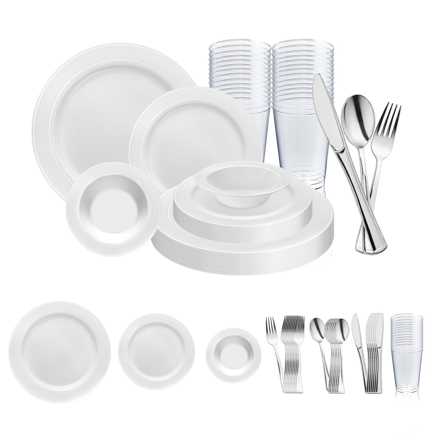 White with Silver Edge Rim Plastic Wedding Value Set with silver cutlery, offering a refined design with elegant white plates and a silver-edged rim, perfect for sophisticated events